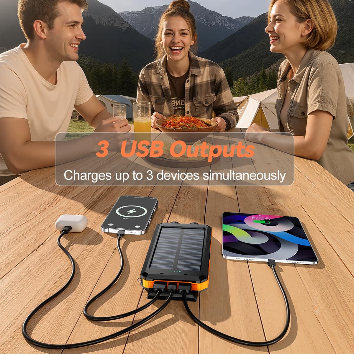 Vikeri Solar Power Bank 26800mAh, Portable Solar Charger, Portable Charger USB C Fast Charging Outdoor with Flashlight 4 Output Ports for Smartphones Tablets and More (Orange) — view 4