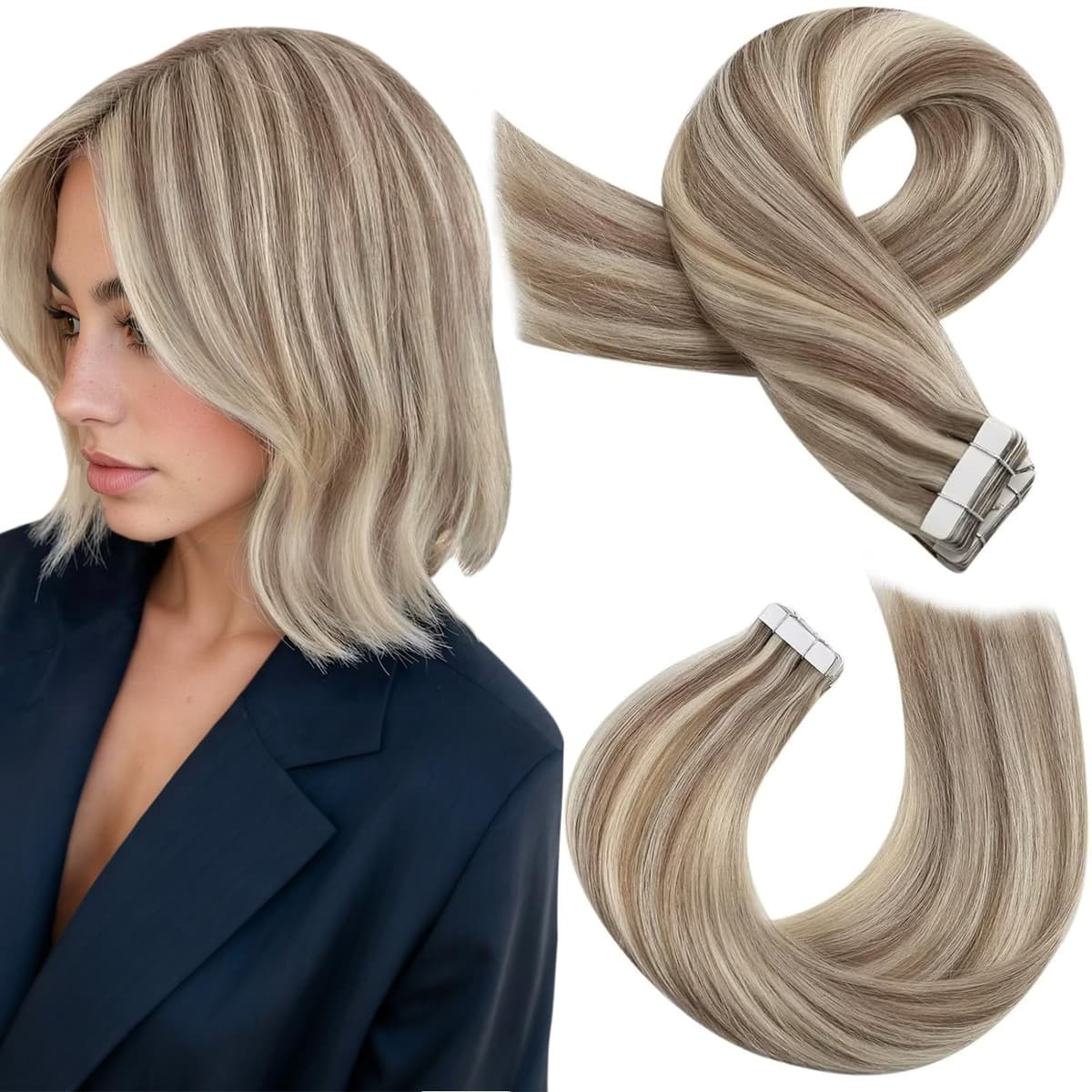 Moresoo Tape in Human Hair Extensions 20 Inch Highlight 50g/20pcs Tape in Hair Extensions Human Hair Ash Blonde with Platinum Blonde #P18/613 — view 31