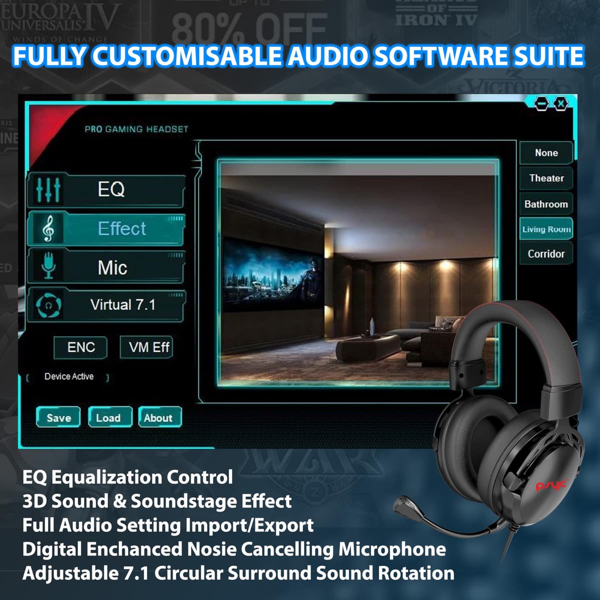 Gaming Headset SUMVISION SERAPH Gaming Headphones Wired 7.1 Surround Sound 3.5mm Aux USB Built in Mic & FREE Soundcard Amplifier PC Mac Laptop Tablet PS4 PS5 Xbox series(FREE UK TECH SUPPORT) — view 6