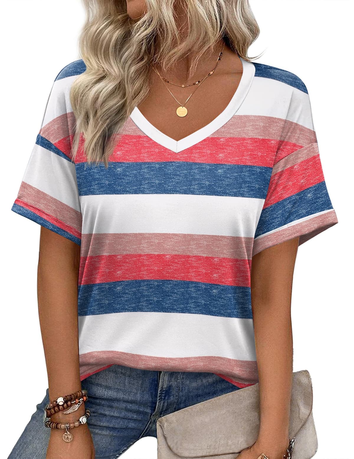 Zeagoo Camiseta básica de manga corta con cuello en V para mujer, para verano, informal, holgada, floral, blusa — view 7