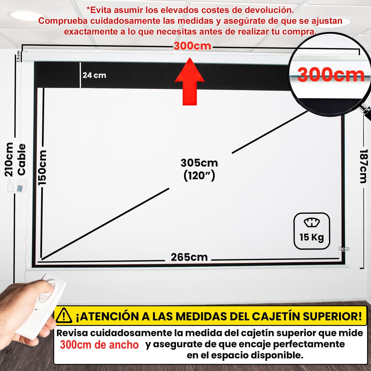 Luxscreen Pantalla de proyeccion electrica de 120", Dimensiones de la Tela 2,64 x 1,49 Metros, cajetin de Acero 3 Metros, con Mando inalambrico, Auto Enrollable, 4K, 16:9 (120 Pulgadas 16:9), Blanco — view 2