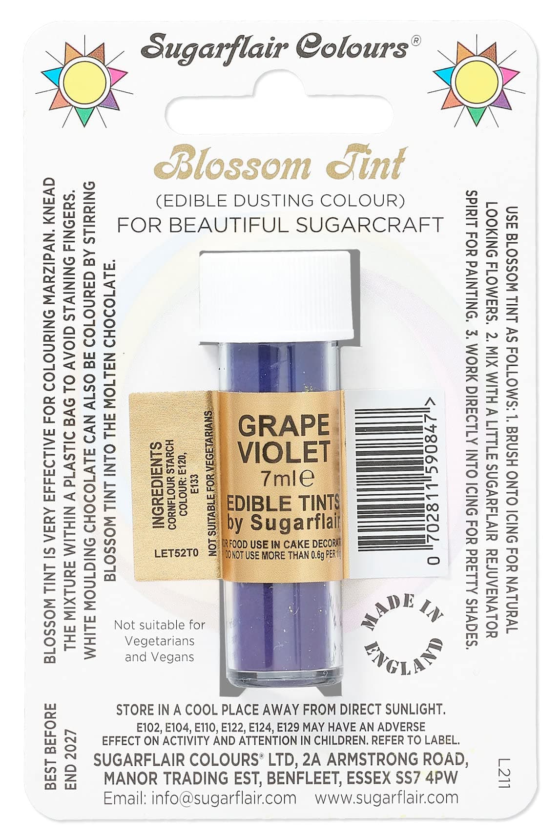 Sugarflair Blossom Tint Grape Violet Food Colouring and Dusting Powder, Matt Finish, Brush On or Mix with Rejuvenator Spirit to Create a One of A Kind Cake - 7ml