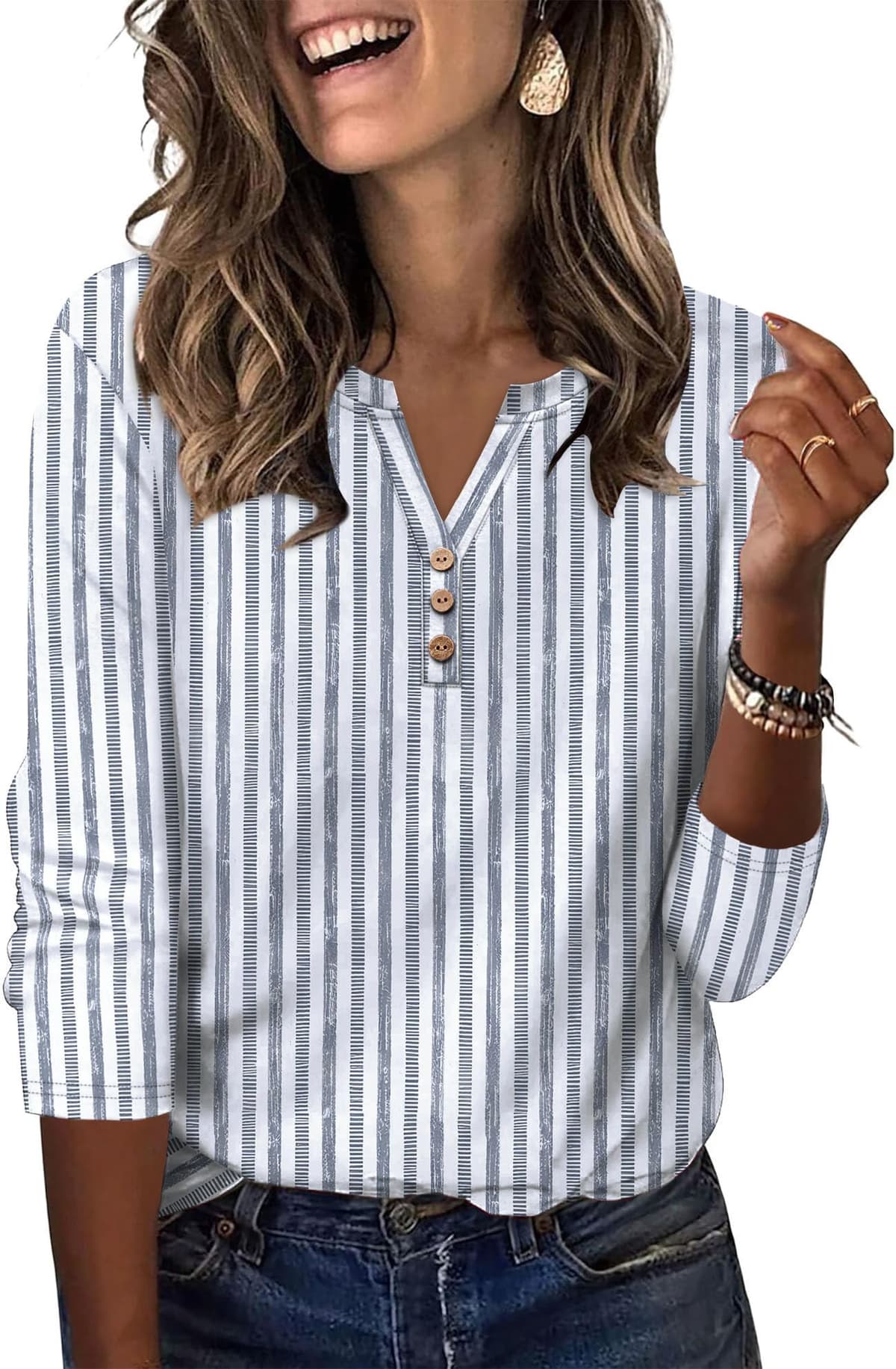 Aokosor Womens 3/4 Sleeve Tops Ladies Blouse V Neck Tunic Long Sleeve T Shirts Curved Hem Office Wear — view 18