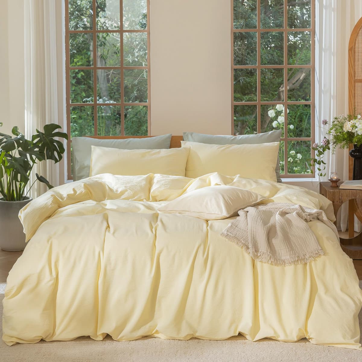 MooMee Bedding Duvet Cover Set 100% Washed Cotton Linen Like Textured Breathable Durable Soft Comfy (Tannish Linen Grey, King) — view 177