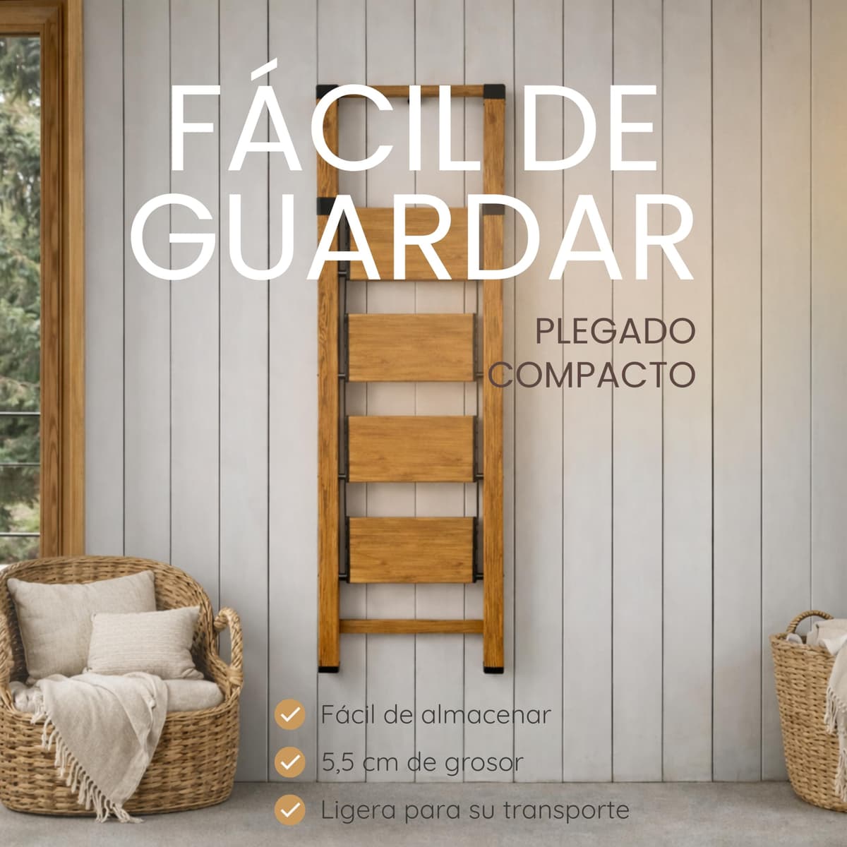Escalera Plegable de Aluminio Efecto Madera para hogar, 4 peldaños, peldaños Anchos Antideslizantes, EN 131 — view 2