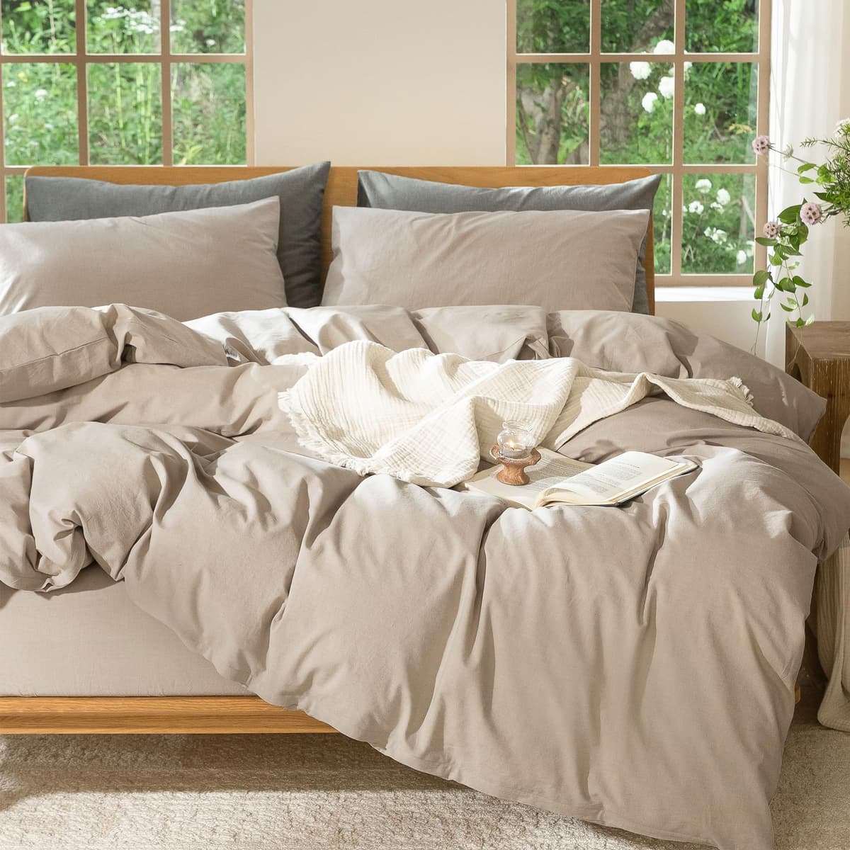 MooMee Bedding Duvet Cover Set 100% Washed Cotton Linen Like Textured Breathable Durable Soft Comfy (Tannish Linen Grey, King) — view 71