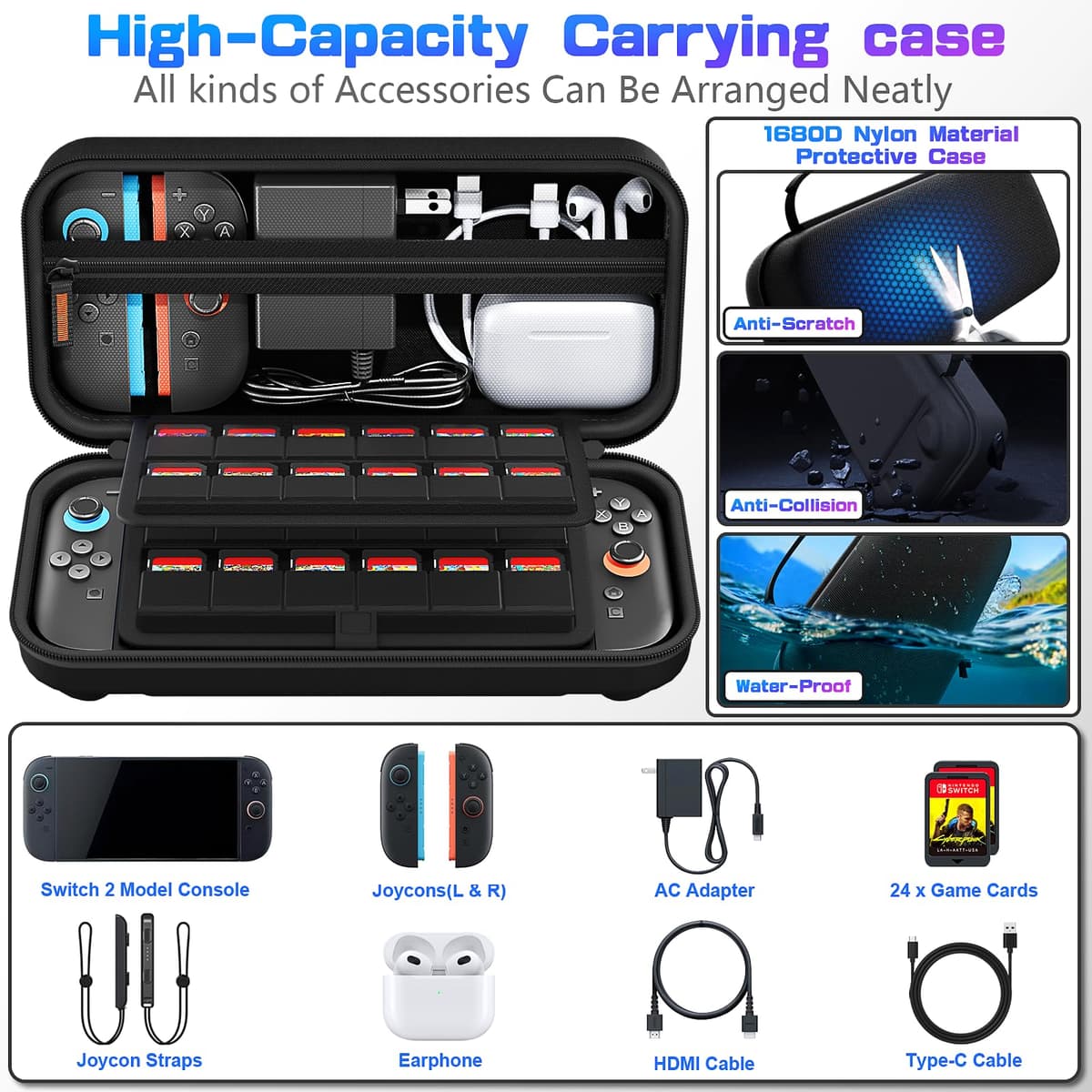 daydayup Switch 2 Carry Case Compatible with Nintendo Switch 2, with 24 Games Cartridges Protective Hard Shell Travel Carrying Case Pouch for Switch 2 Console & Accessories,Black — view 5