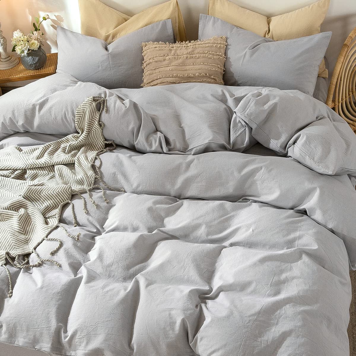 MooMee Bedding Duvet Cover Set 100% Washed Cotton Linen Like Textured Breathable Durable Soft Comfy (Tannish Linen Grey, King) — view 242