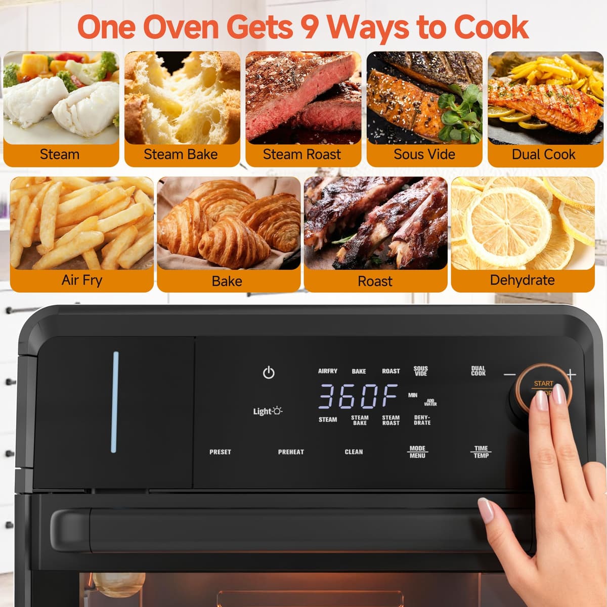 OUNIN Steam Oven 18L, 11-in-1 Air Fryer Oven with Steam Infusion, Dual Cook, Bake, Roast, Dehydrate & Self-Cleaning, 360° Even Heating, Easy to Use, Stainless Steel Inner, Space-saving Design — view 3