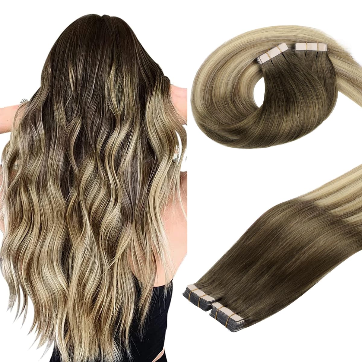 DOORES Tape in Hair Extensions Human Hair, Balayage Dark Brown to Chestnut Brown 50g 20pcs 18 Inch, Human Hair Extensions Natural Remy Straight Skin Weft — view 53