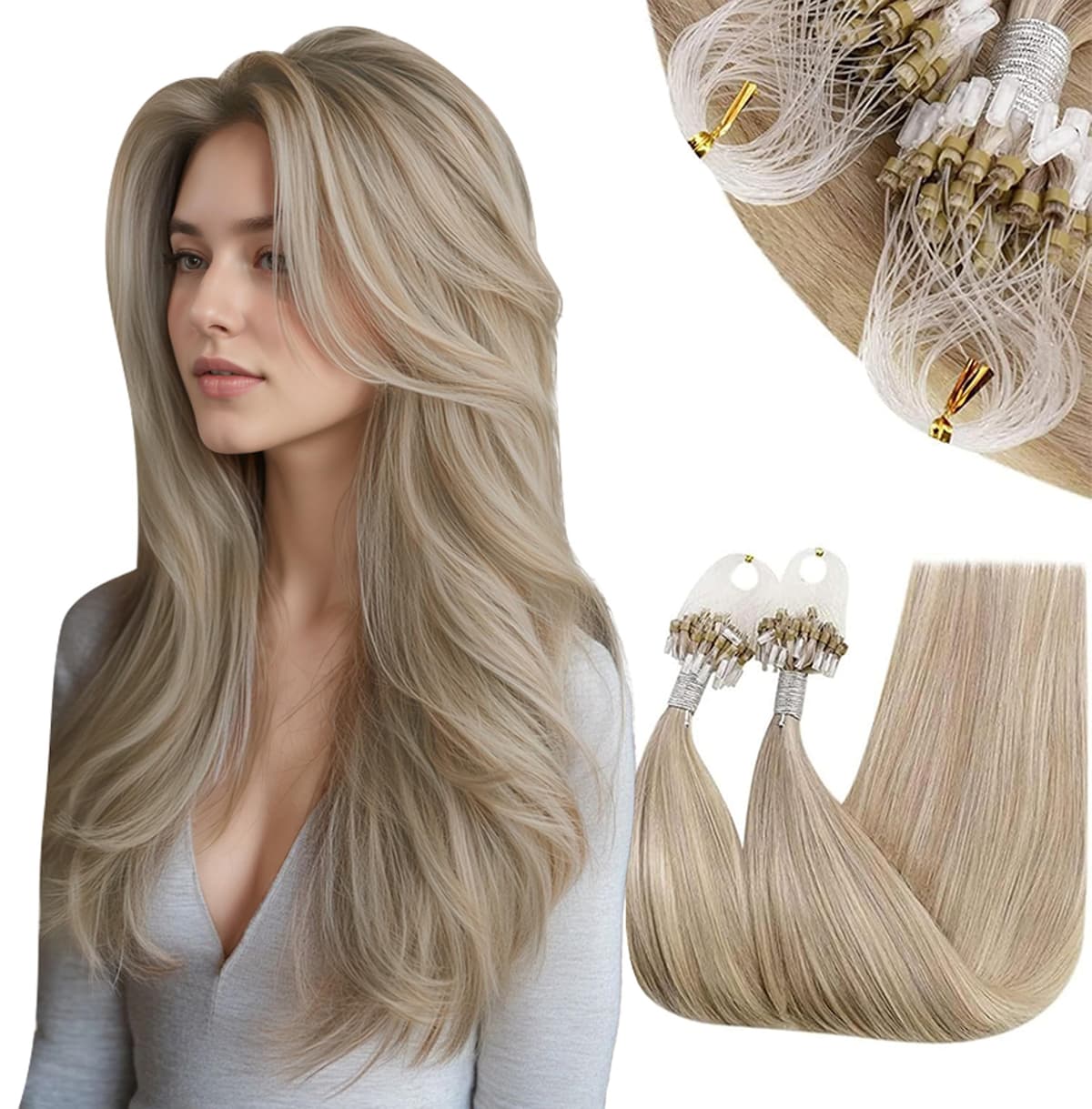 RUNATURE 18 Inch Nano Beads Hair Extensions Real Human Hair Ice Blonde Nano Hair Extensions Real Human Hair White Blonde Invisible Nano Rings Straight Remy Hair 50g 50s #800 — view 17
