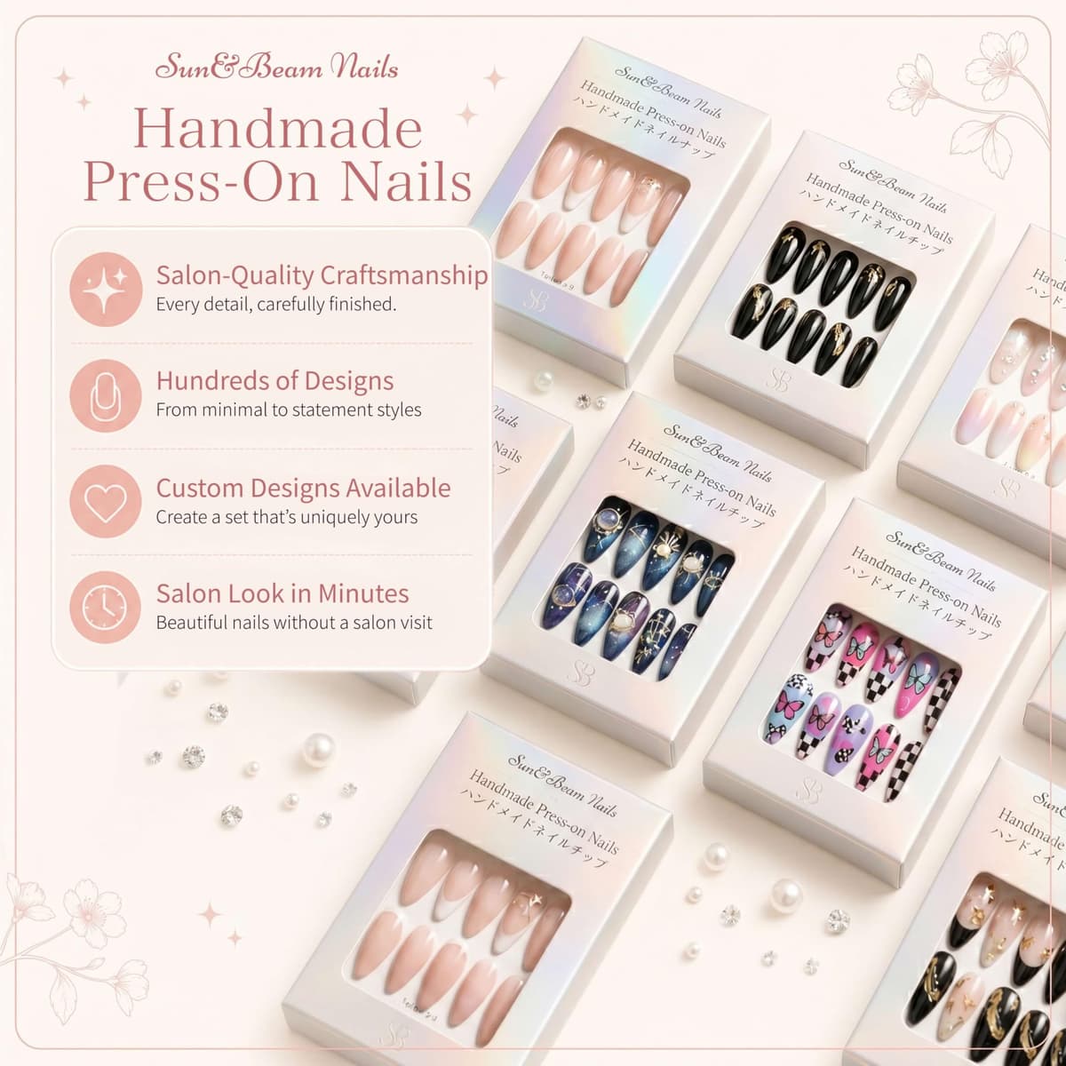 Sun&Beam Nails Handmade Press On Nails Medium Almond Light Pink Pearl Shell Glossy 10 Pieces Reusable for Everyday Wear and Special Occasions (#010 M) — view 7