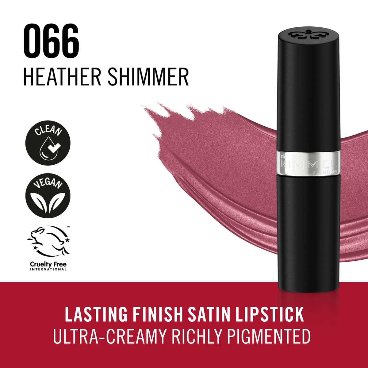 Rimmel Lasting Finish Lipstick 066 Heather Shimmer, Creamy Satin Finish, Long Lasting 8 HR Wear, Comfortable Formula, Rich Pigment — view 6