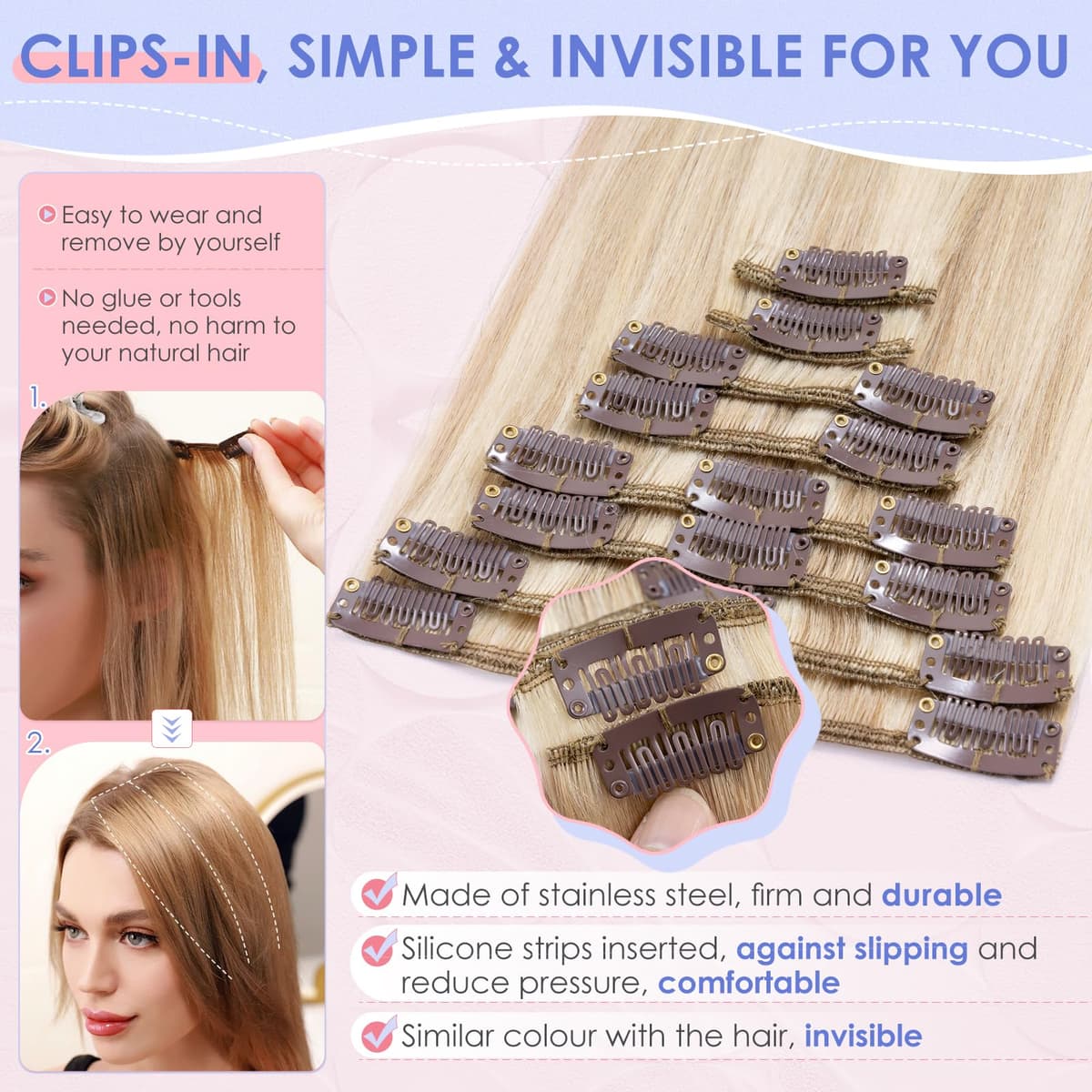 Elailite Clip in Hair Extensions Real Human Hair - 8 Pieces Thin Weft Full Head Remy Hair Straight - #18/613 Ash Blonde Mix Bleach Blonde - 8 Inch (45 g) — view 3