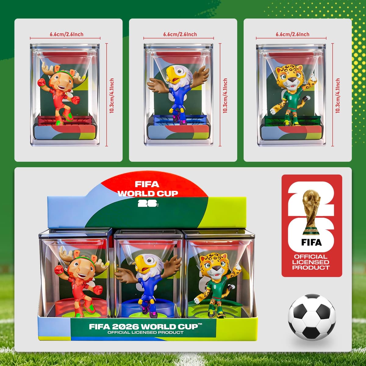 Sanyetral FIFA WORLD CUP 2026 3 Collectable Mascot Figures,Multi-Colour,includes Figurines Clutch,Zayu,Maple,Court Set-B in Gift Box(6 cm) — view 2