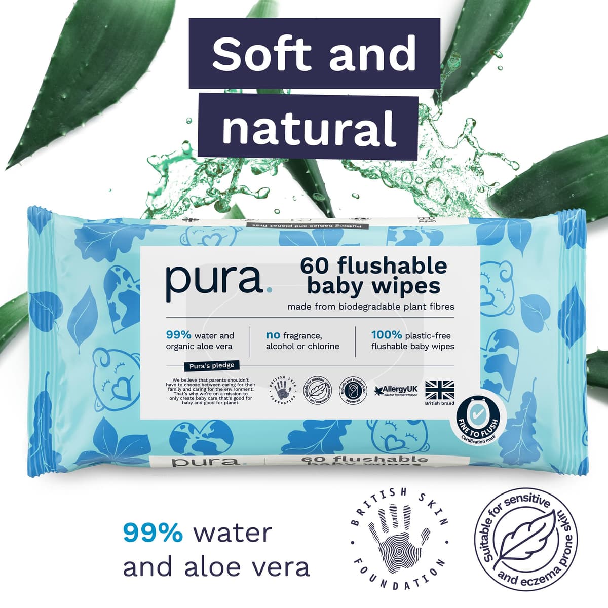 Pura Eco Flushable Baby Wipes - 1 Pack (60 Wipes) 100% Plastic Free, 99% Water, Suitable for Sensitive, Eczema Prone Skin, Newborn Baby & Toddlers, Biodegradable, Vegan, Potty Training — view 5