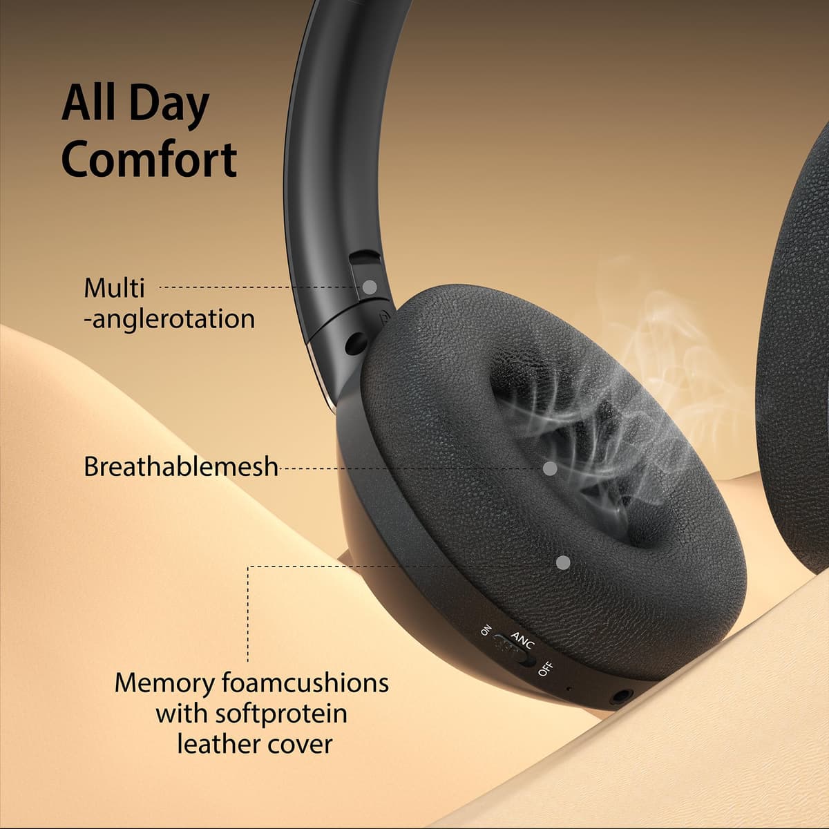 Rebocico Active Noise Cancelling Headphones, 100H Playtime Headphones Wireless Bluetooth, with Microphone, Over- Ear Deep Bass,Fast Charging for Travel,Office,Home — view 5