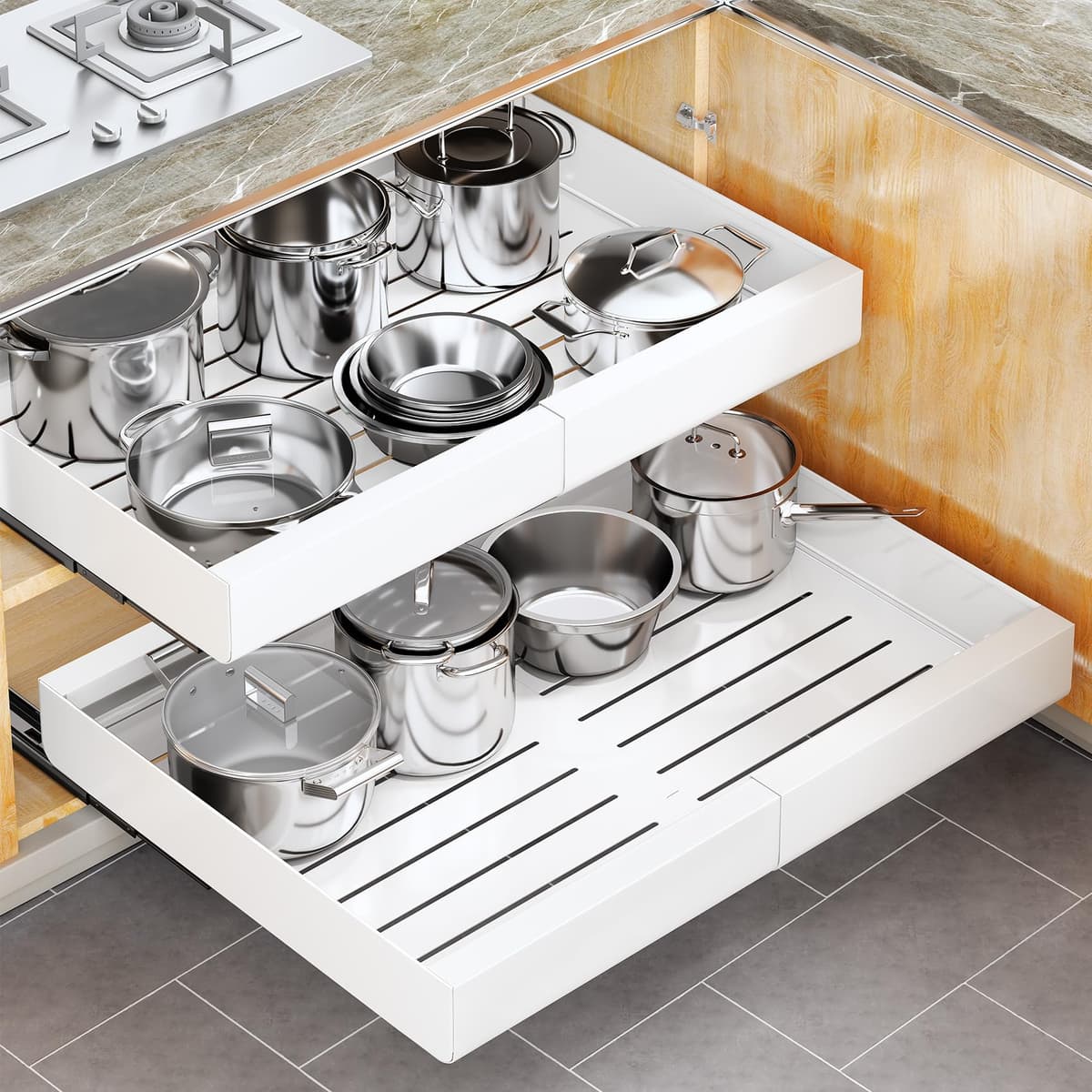 Pull out Cabinet Organizer, Expandable(12"-20") Heavy Duty Slide out Drawers Fixed with Adhesive Nano Film for Pots, Roll out Shelf Storage for Kitchen Base Cabinet, Pantry, Bathroom Cupboard — view 14