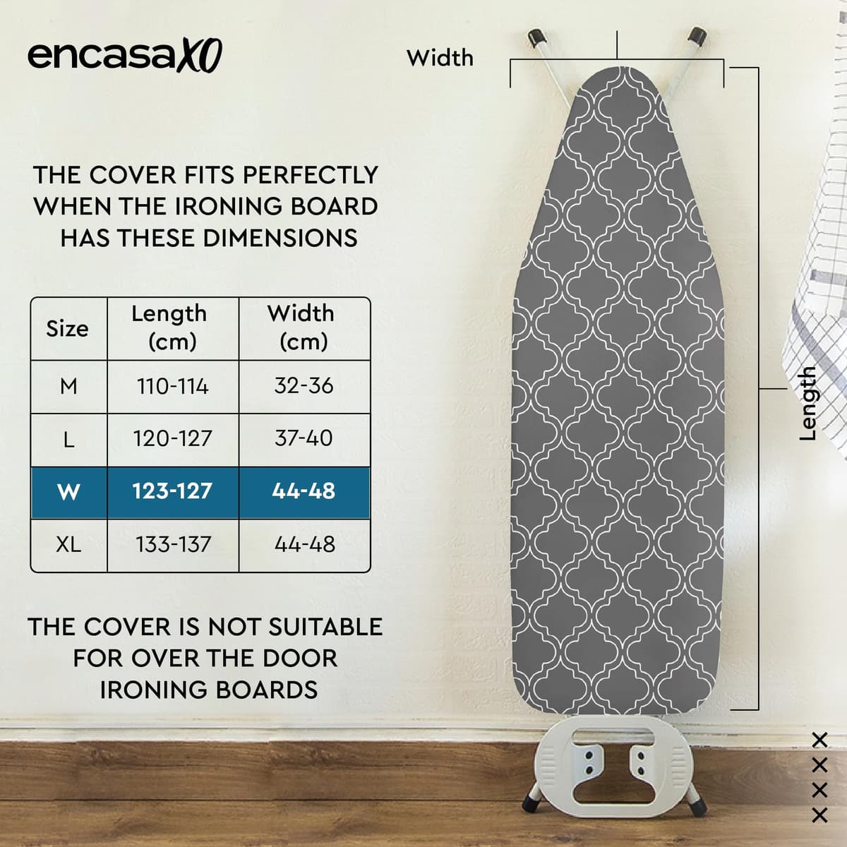 Encasa XO Ironing Board Covers and pad 125x46 cm- Thick 3mm Felt Padding, Drawstring Tightening & Lock, Heat Reflective, Scorch & Stain Resistant, for Wide Ironing Board - Grey Tiles — view 2