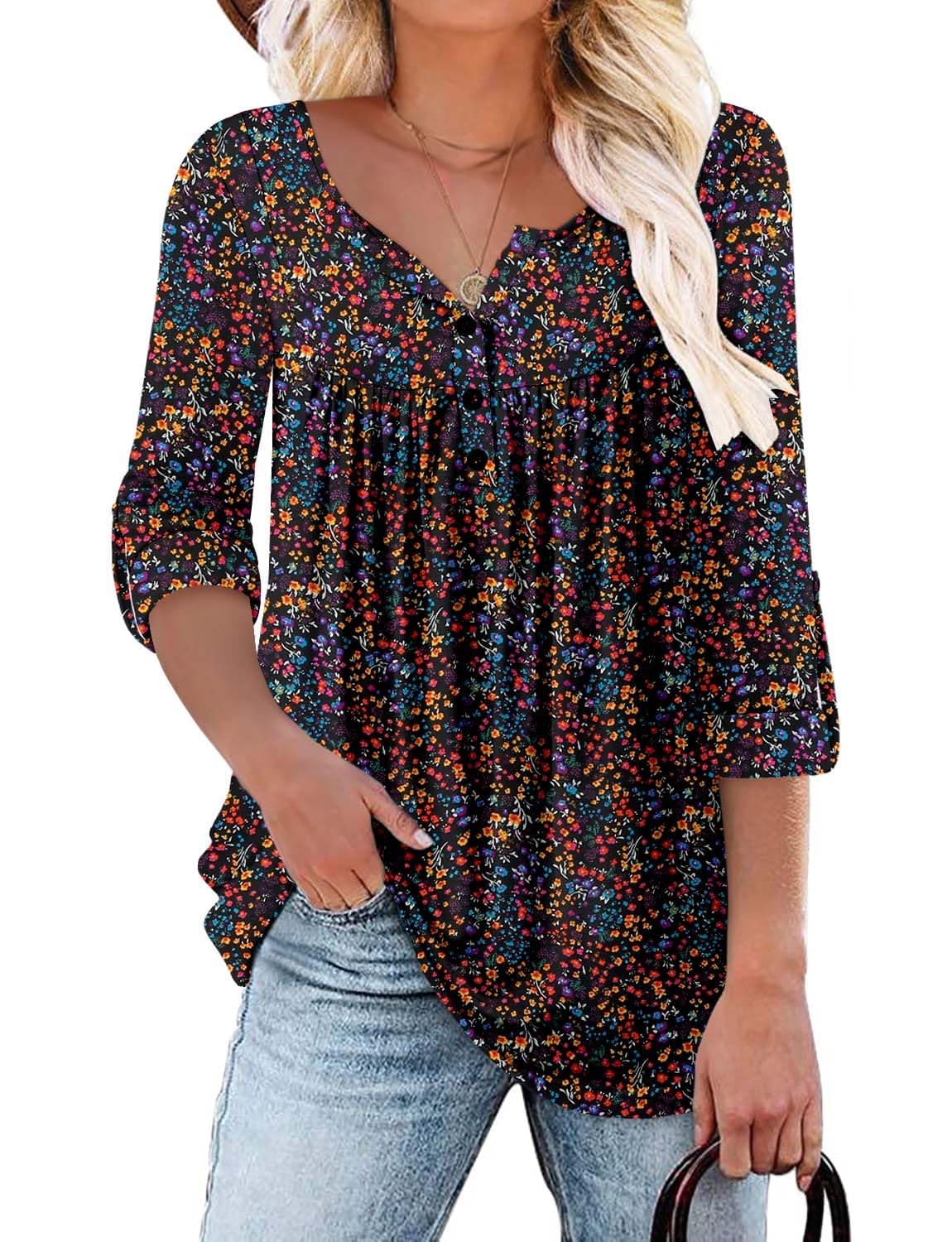 KISSMODA Ladies Pleated Tunic Tops for Women Buttons up Long Sleeve Shirts Floral Print — view 13
