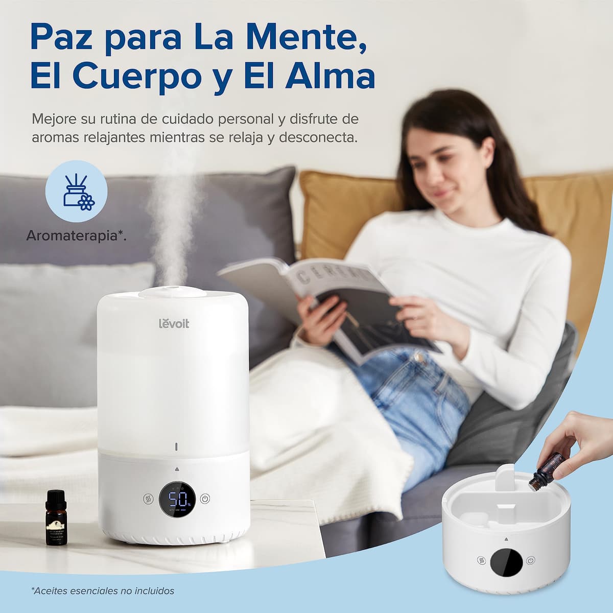 LEVOIT Humidificador Inteligente de Niebla Fría para Habitación y Bebé con Sensor, Control por APP y Voz, Difusor Aceites Esenciales, Temporizador a Cuarto,＜28dB, 3L Top-Fill, Blanco — view 5