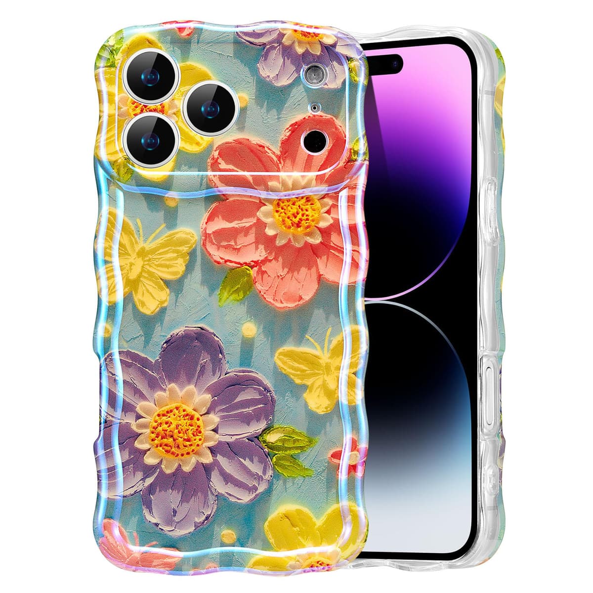 EYZUTAK Case for iPhone 16, Colorful Retro Oil Painting Printed Flower Laser Glossy Pattern Cute Curly Wave Edge Exquisite Phone Cover Stylish Durable TPU Protective Case for Girl Women-Green — view 39