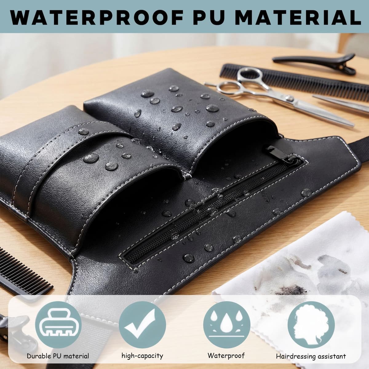 Friseur Tasche, Bolsa de Peluquería, Estuche para Herramientas de Peluquería, Bolsa de Peluquería de PU Negro, Grande Cinturón Portátil Negro para Tijeras, Peines y Herramientas de Peluquería — view 4