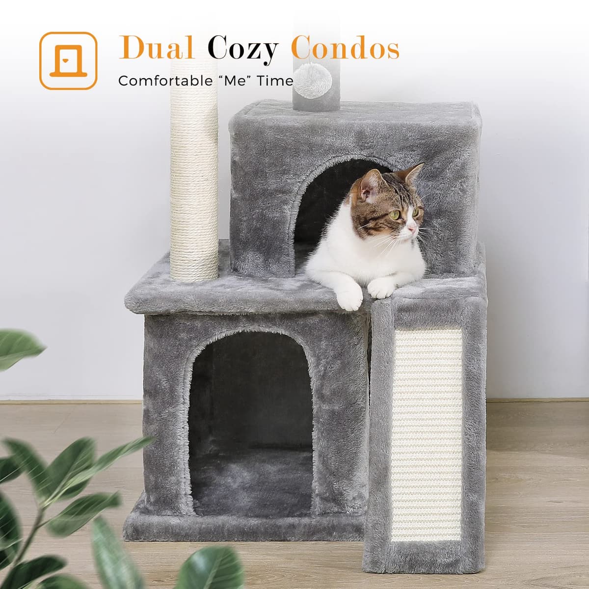 PETEPELA Cat Tree 90cm Cat Tower with Double Condos, Removable Spacious Perch, Fully Wrapped Scratching Posts for Indoor Cats, Replaceable Dangling Balls, 35 Inches Grey — view 4