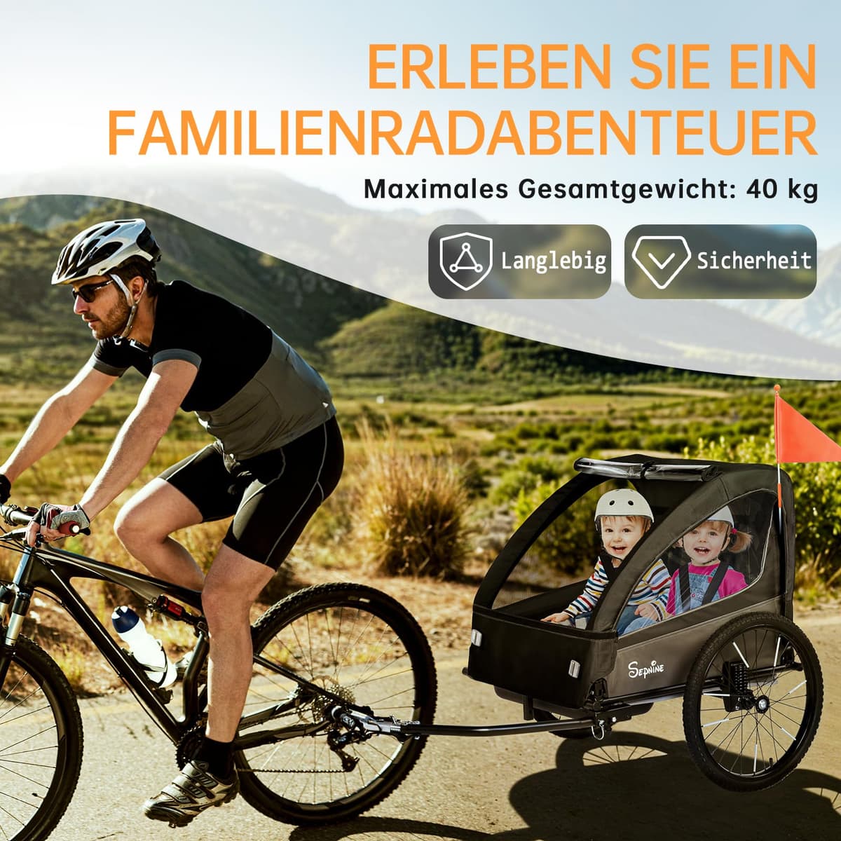 SEPNINE Remolque Infantil 2 en 1 y Cochecito con suspensión, Remolque de Bicicleta para 1 a 2 niños máximo, función de Jogger, Plegable, Amplio Maletero — view 3