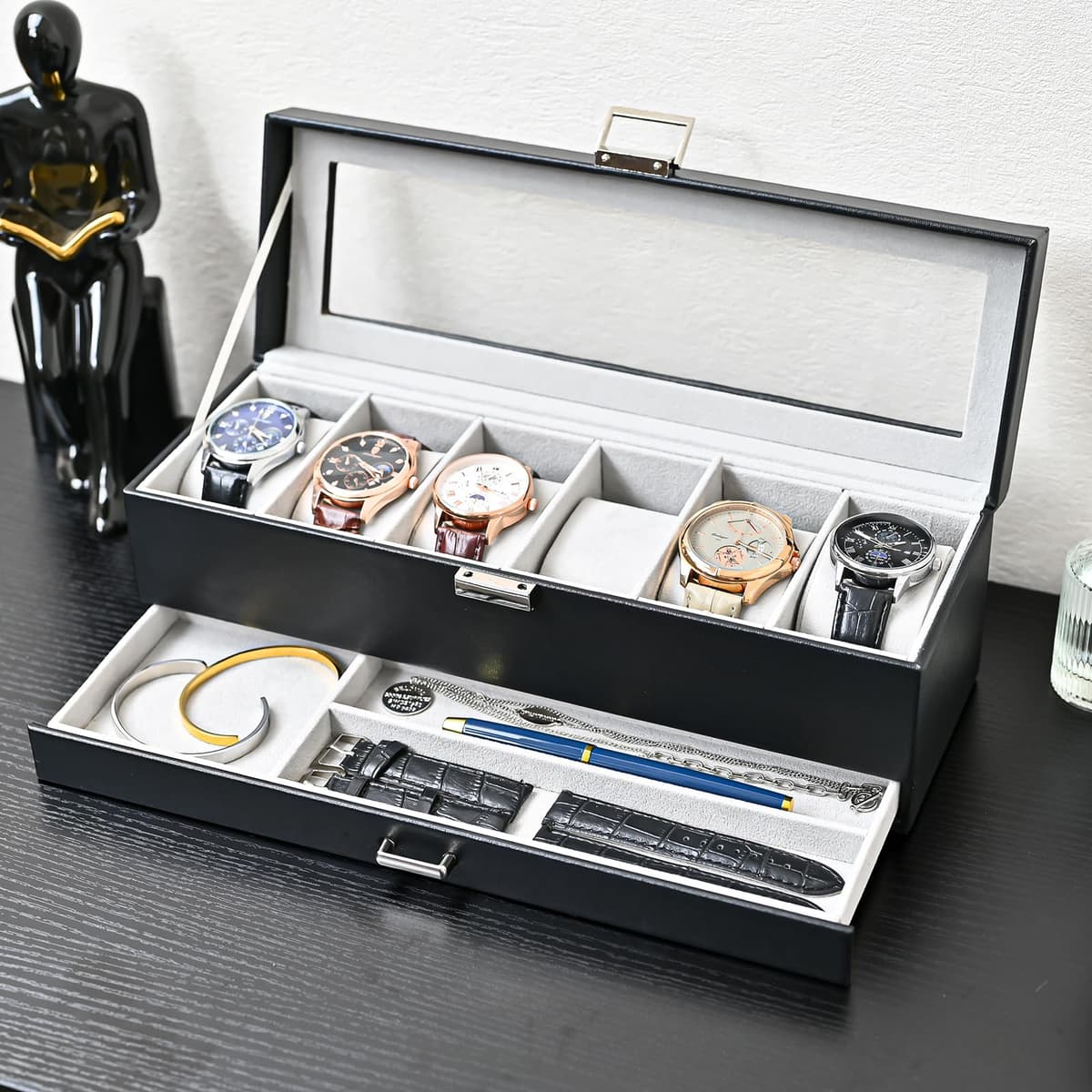 ProCase Caja de Relojes de 6 Ranuras con Cajón, Funda Organizadora de Reloj de 2 capas con Tapa de Cristal, Estuche de Almacenamiento para Hombres y Mujeres -Negro — view 8