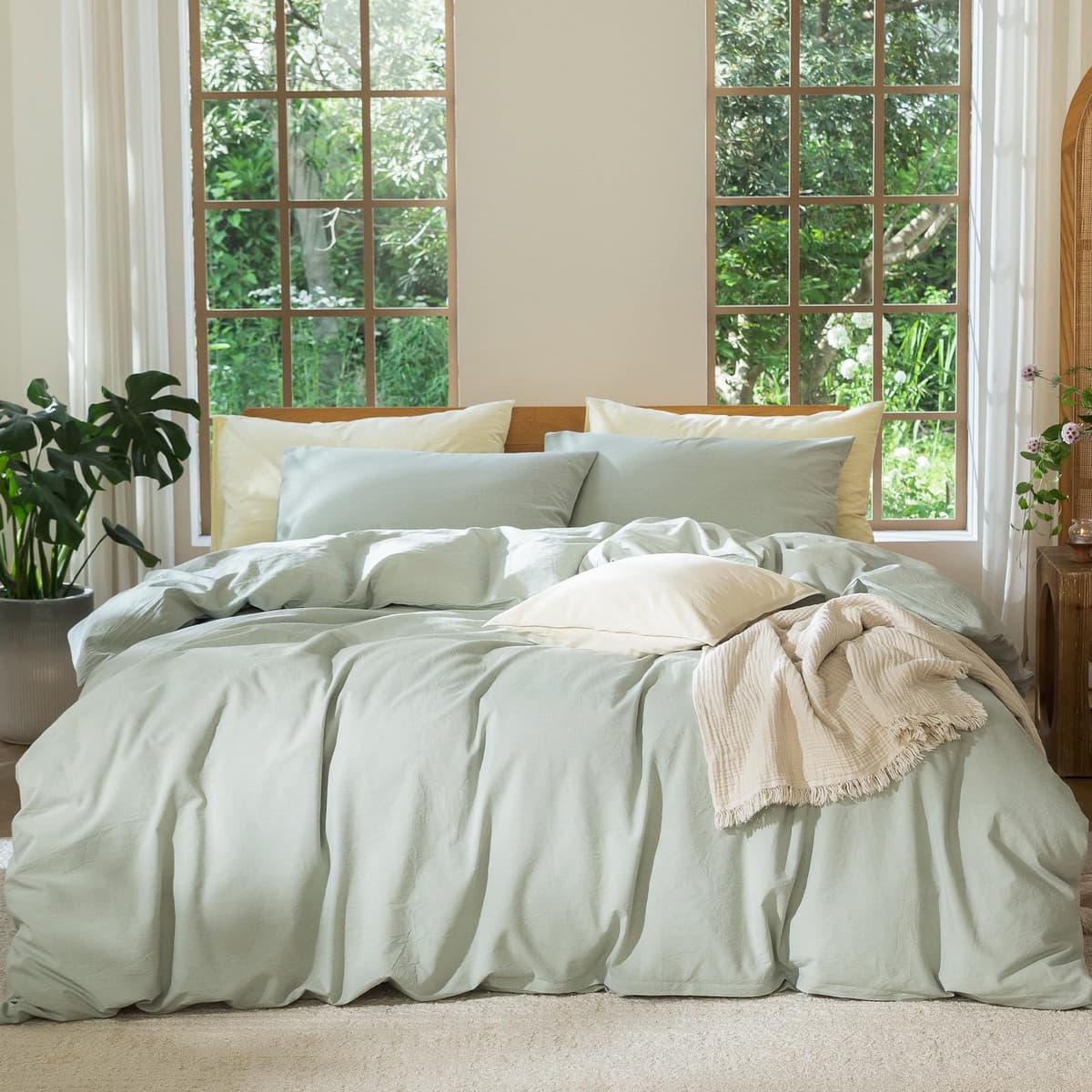 MooMee Bedding Duvet Cover Set 100% Washed Cotton Linen Like Textured Breathable Durable Soft Comfy (Tannish Linen Grey, King) — view 157