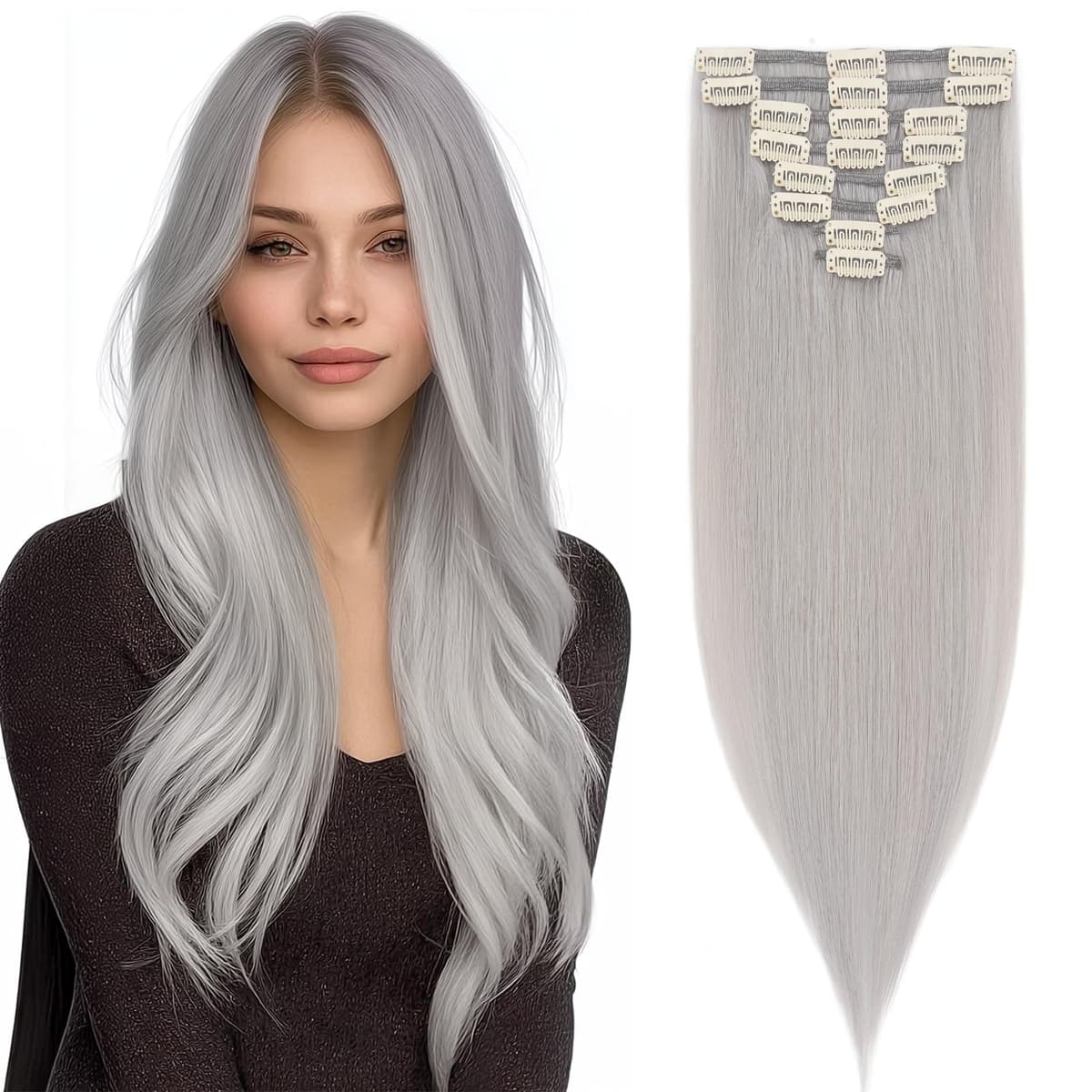 Silk-co 10inch Hair Extensions Clip in Hair Extension Human Hair #04 Medium Brown -Basic Thickness-Thin Weft- 8 Pieces Real Remy Straight Hair Extensions[50g] — view 159