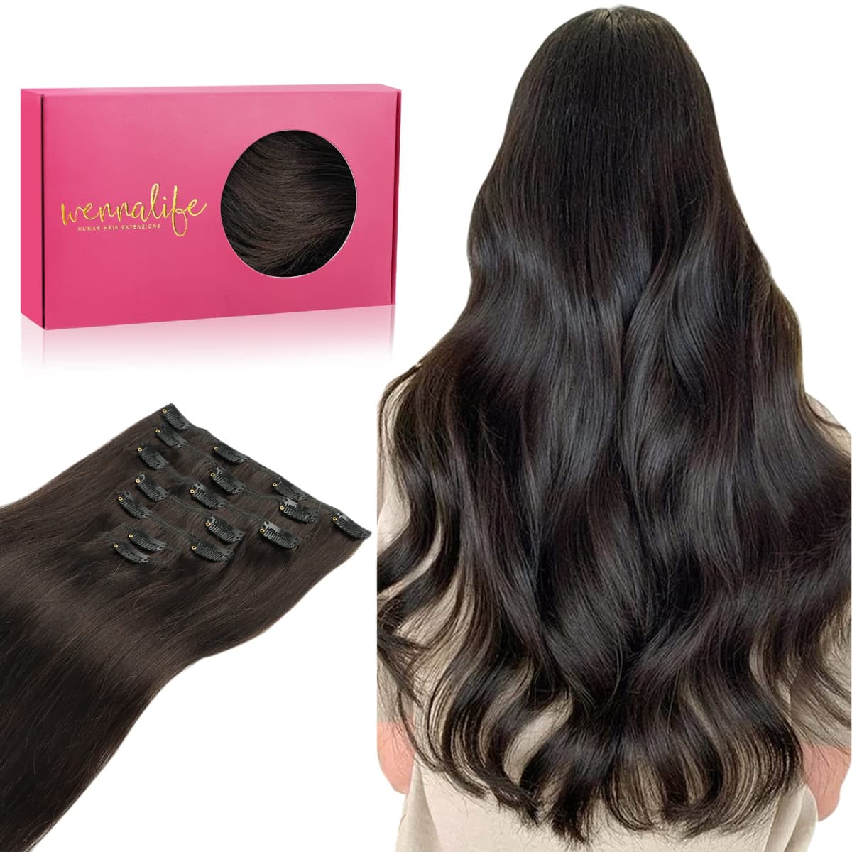 WENNALIFE Clip in Hair Extensions Human Hair 16 Inch 120g 7pcs Dark Brown Hair Extensions Clip in for Women Real Human Hair Double Weft Rallonge Cheveux Humain Extension Real Hair Extensions