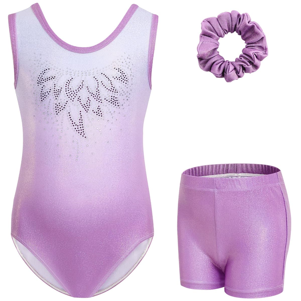 Gogokids Conjunto de gimnasia de tres piezas para niña, cuello en Y, sin mangas, con pantalones cortos y diadema, traje de gimnasia con diseño de bloques de color azul y morado, 3-12 años — view 23