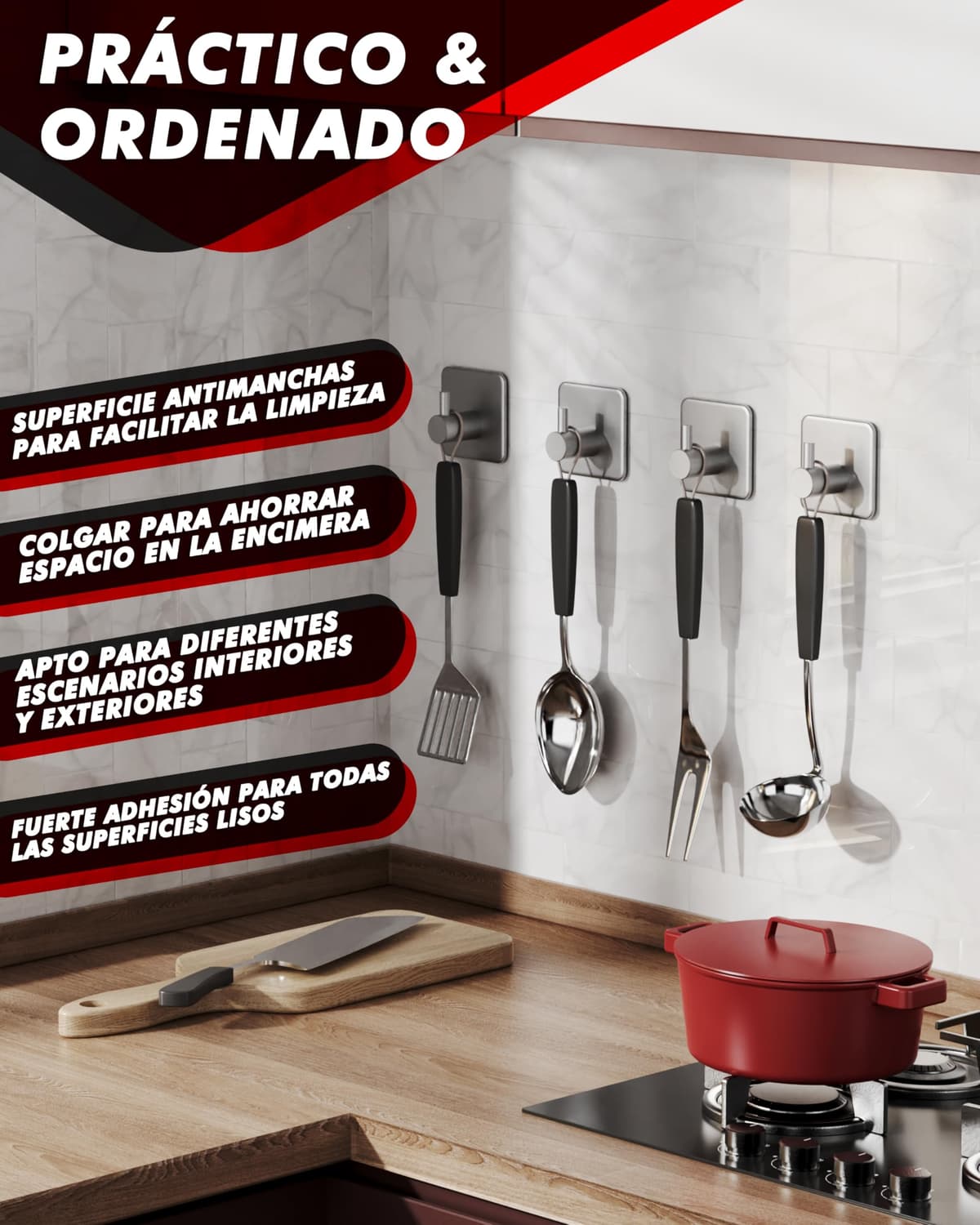Auxmir Ganchos Adhesivos para Pared, Acero Inoxidable Colgador Toallas sin Taladro, Toalleros Autoadhesivo Extrafuerte para Baño Cocina Albornoz Trapos, Gris, 6 Piezas — view 5