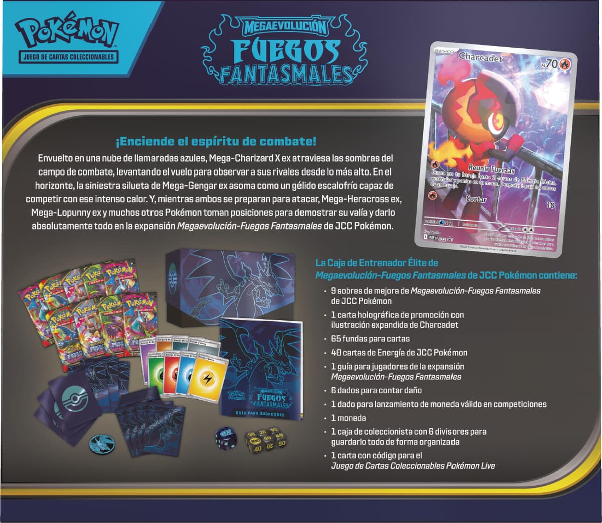 Pokémon: Caja de Entrenador Élite de Megaevolución-Fuegos Fantasmales de JCC Pokémon (1 Carta de promoción con ilustración expandida, 9 Sobres de Mejora y Accesorios prémium) — view 4