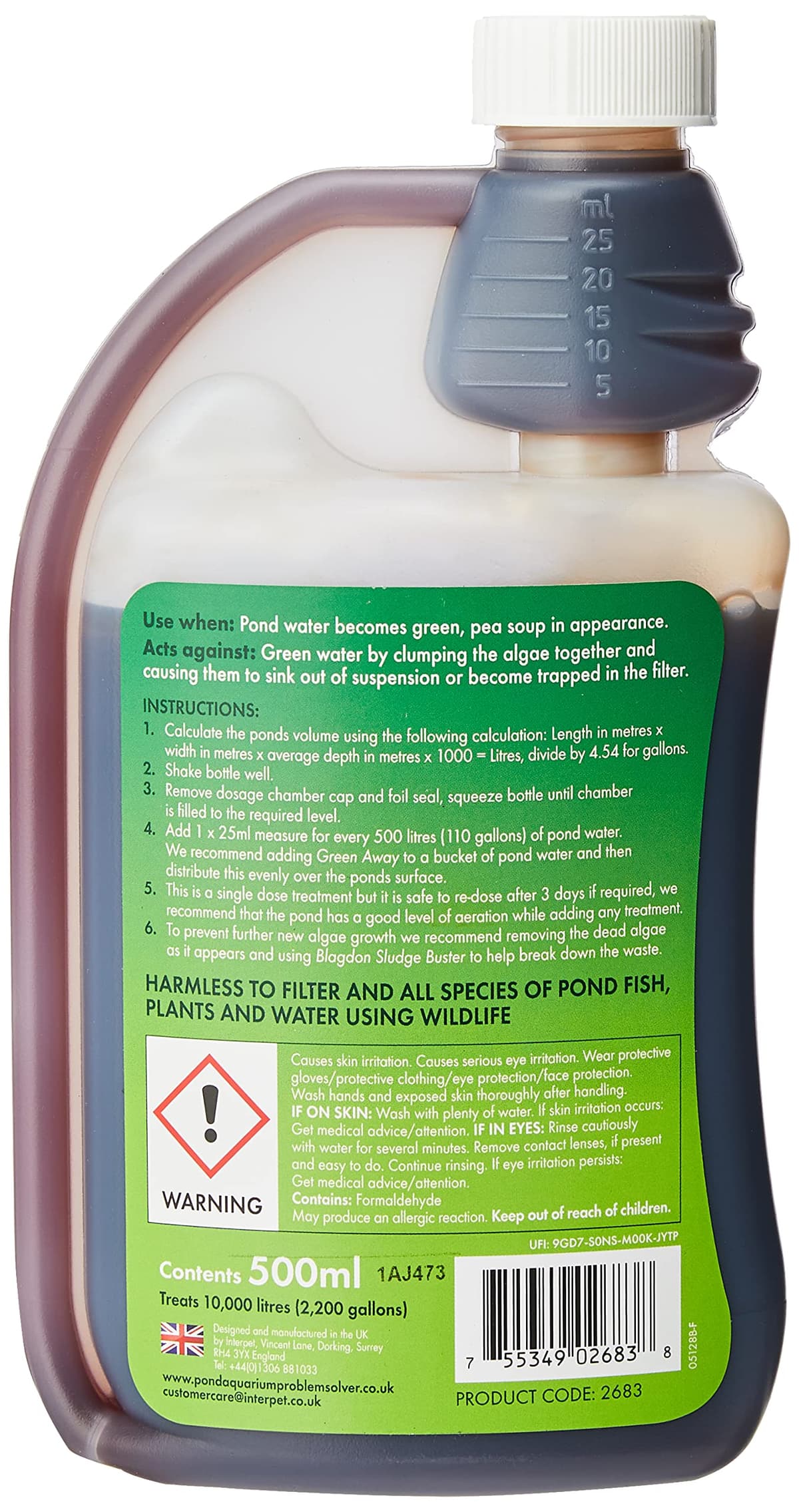 Blagdon Green Away Pond Water Treatment, Clears Green Water and Suspended Algae Particles, Natural, Plant Friendly, Safe for Fish, 500 ml, Treats 10,000 Litres of Water — view 2