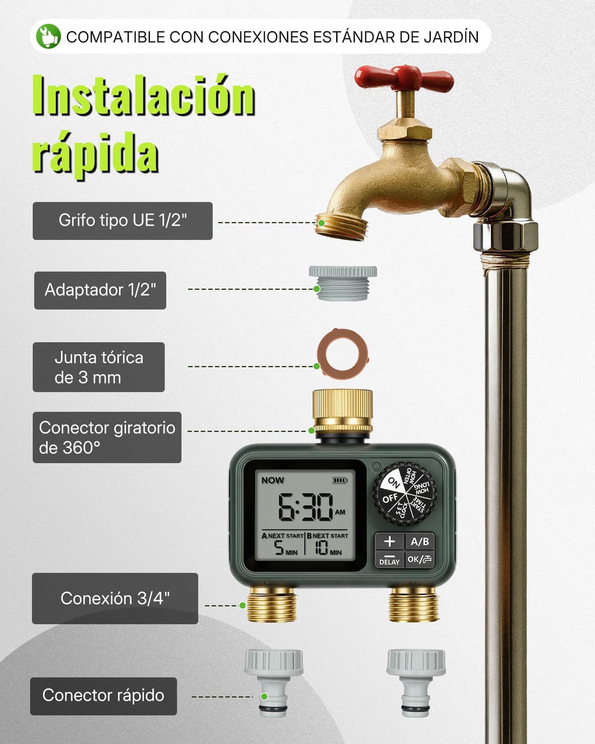 2 Valve Irrigation Programmer, Automatic Irrigation Computer, Timer for Garden Hose Tap, Rain Delay Function, Patio and Lawn, Dark Green — view 9