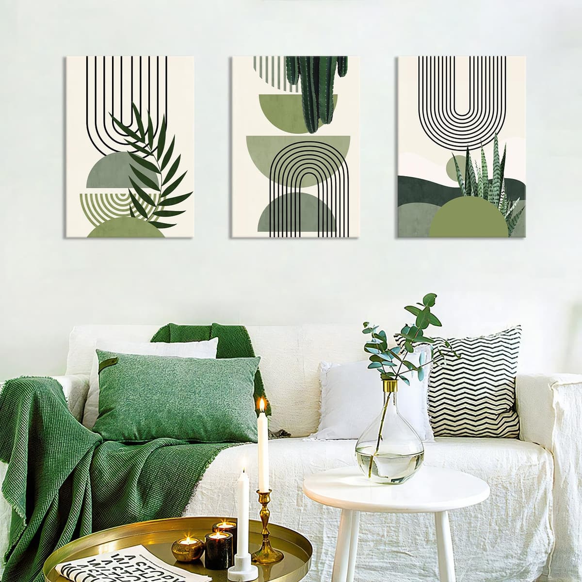 FajerminArt 3Pcs Framed Sage Green Canvas Wall Art, Modern Aesthetic Green Plant Wall Art Boho Home Decor Poster Canvas Painting Wall Decor for Bedroom Living Room Office Ready to Hang 40x60cmx3 Pcs — view 3
