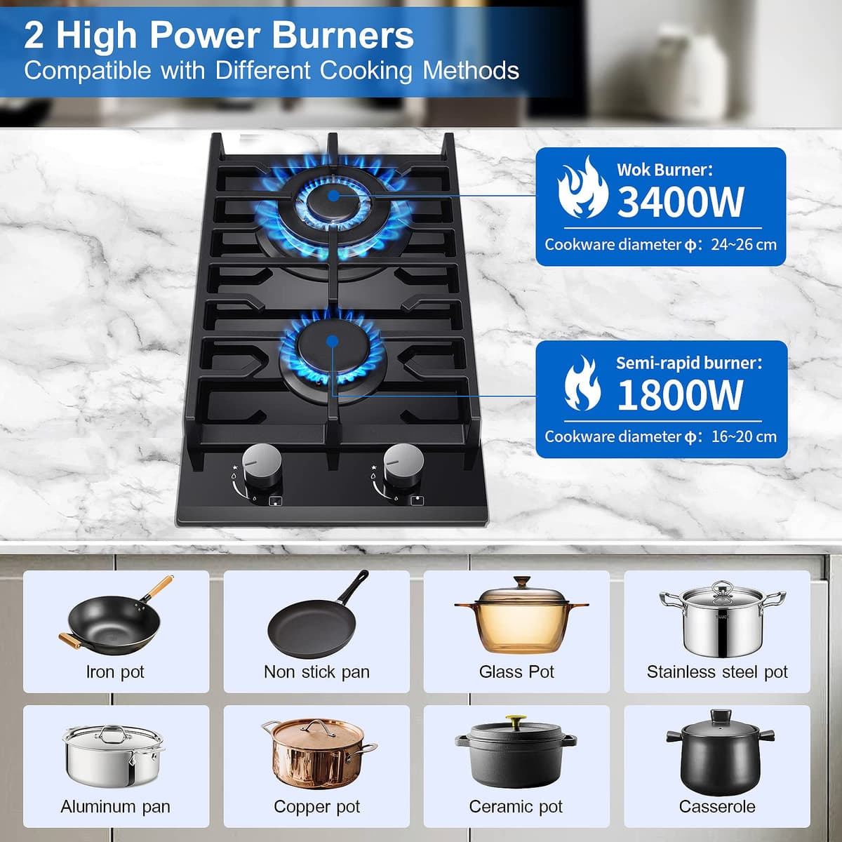 TopStrong Gas Hob 2 burners, 30cm Built in 2 Burners Gas on Glass Hob, NG/LPG Convertible, Flame Out Protection, Cast Iron Supports, 5200W — view 4