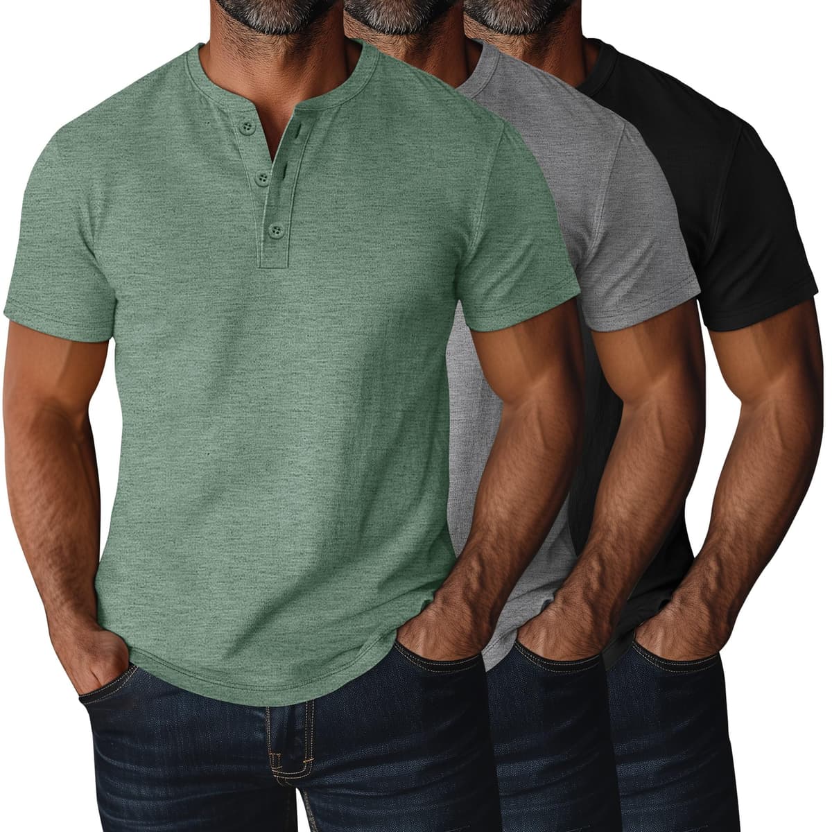 Ficerd 3 Piezas Camisetas Henley para Hombres de Talla Grande y Alta, Manga Corta, Oversize Holgadas, Básicas Casuales Tops — view 7
