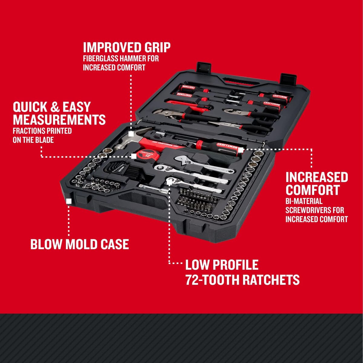 CRAFTSMAN 102-Piece Tool Kit for Home and Car, Durable Hand Tools Set with SAE and Metric Socket Set, Screwdrivers, Wrench, Hammer, Pliers, Knife, Hex Keys, Specialty Bits, Tape Measure (CMMT99449) — view 2