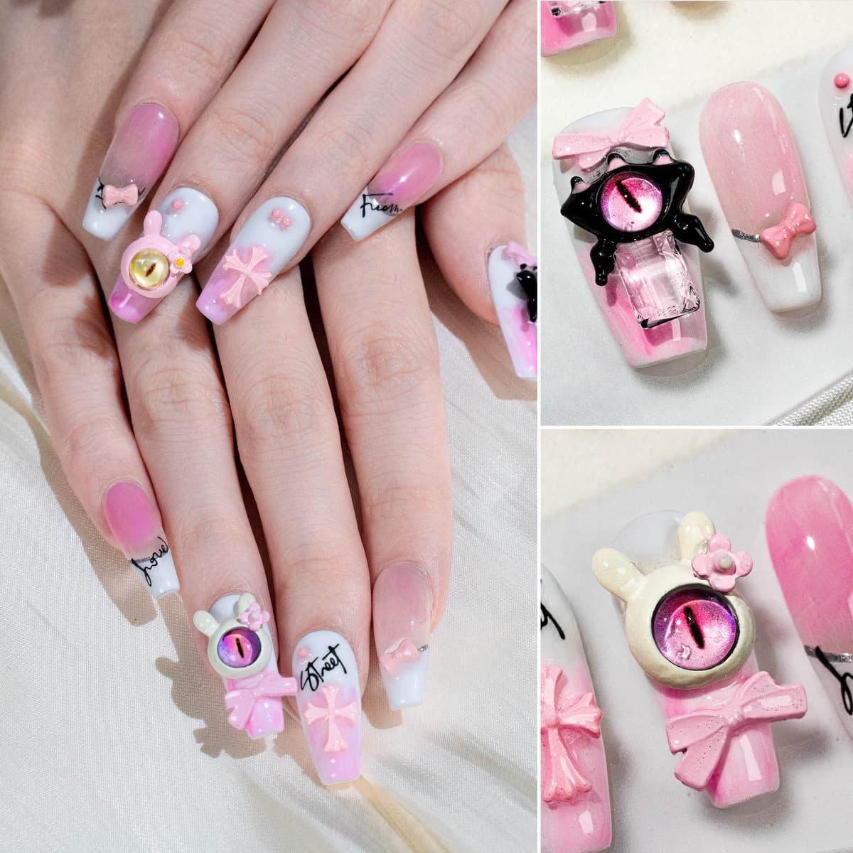 Sun&Beam Nails Handmade Press On Nail Long Coffin Ballerina Pink Flower Acrylic Fake Tip 3D Design Art Charms Cute with Storage Box 10 Pcs (S) — view 85