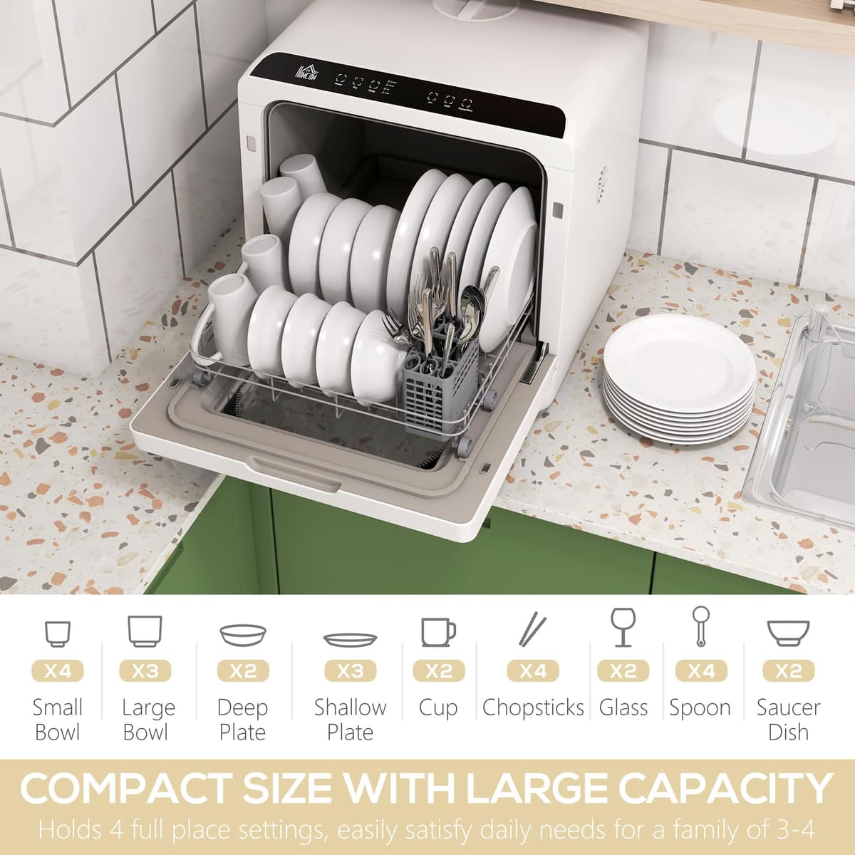HOMCOM Table Top Dishwasher, Mini Countertop Dishwasher No Plumbing with Built-in 6L Water Tank, 6 Programs, Touch Control, LED Display, 4 Place Settings, Dual Water Supply and Fruit Wash, Black White — view 3