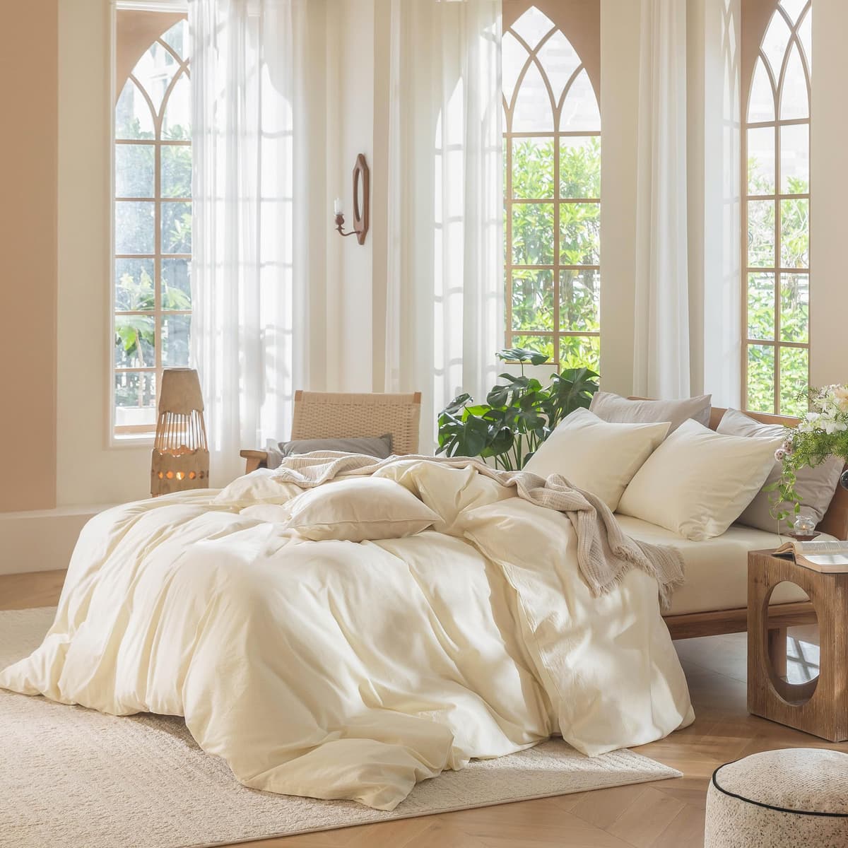 MooMee Bedding Duvet Cover Set 100% Washed Cotton Linen Like Textured Breathable Durable Soft Comfy (Tannish Linen Grey, King) — view 35