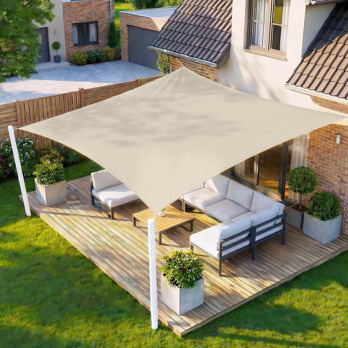 HENG FENG Toldo Vela de Sombra Rectangular 4x5m, PES 160 g/m² Impermeable, 95% Bloqueo UV, para Exterior en Terraza, Jardín, Patio - Incluye Cuerda de Fijación - Beige — view 20