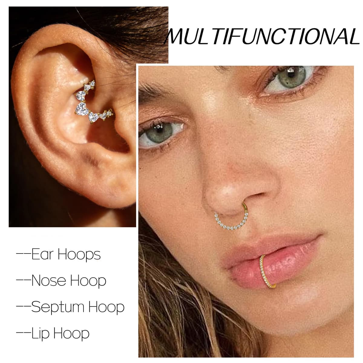 Piercing para la nariz para mujer, acero inoxidable, oro y plata, piercing para la nariz, hélix, septum, tragus, conch, piercing labial, nariz, anillos, circonitas, 8 mm/10 mm — view 4