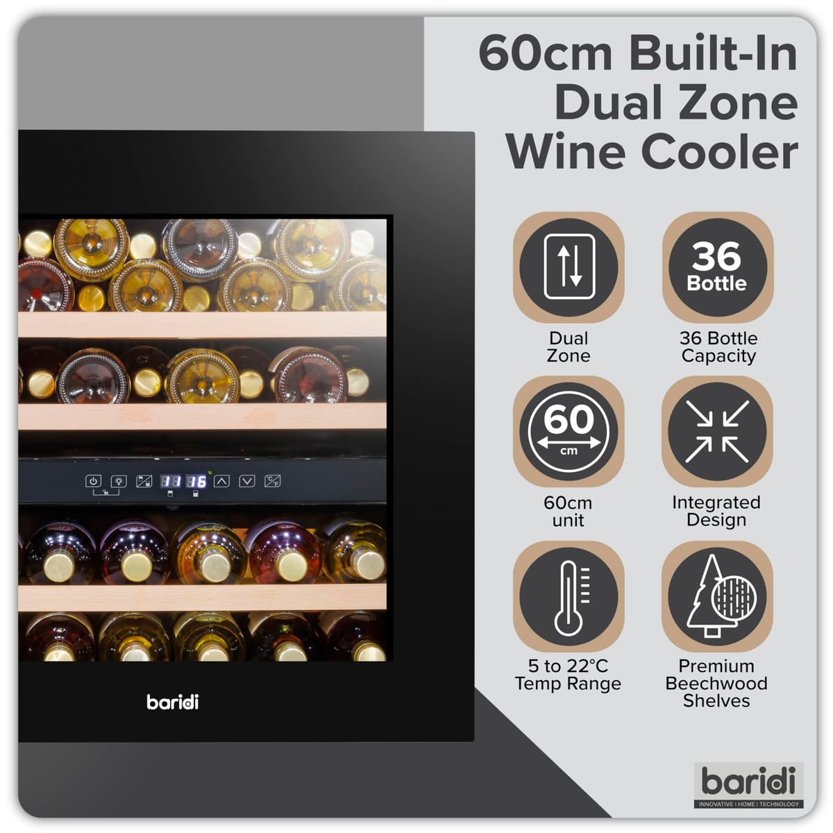 Dellonda Baridi 60cm Built-In 36 Bottle Wine Cooler with Beech Wood Shelves and Internal LED Light, Black - DH117 — view 2