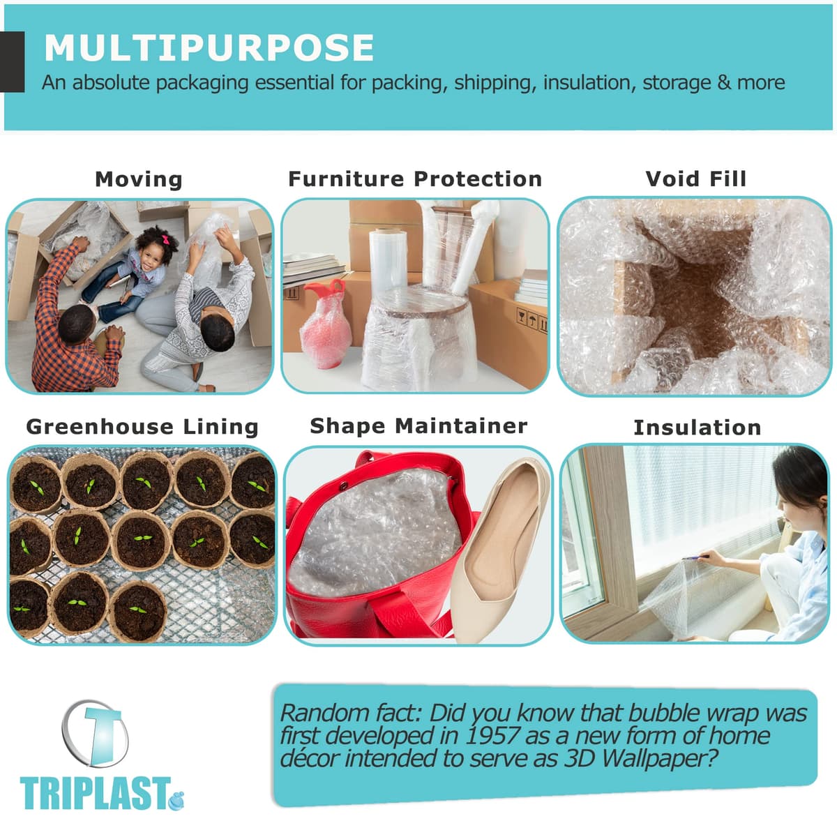 Triplast Large Roll of Bubble Wrap 500mm x 100m – Air Bubbles Packaging for House Moving & Packing Storage Boxes — view 3