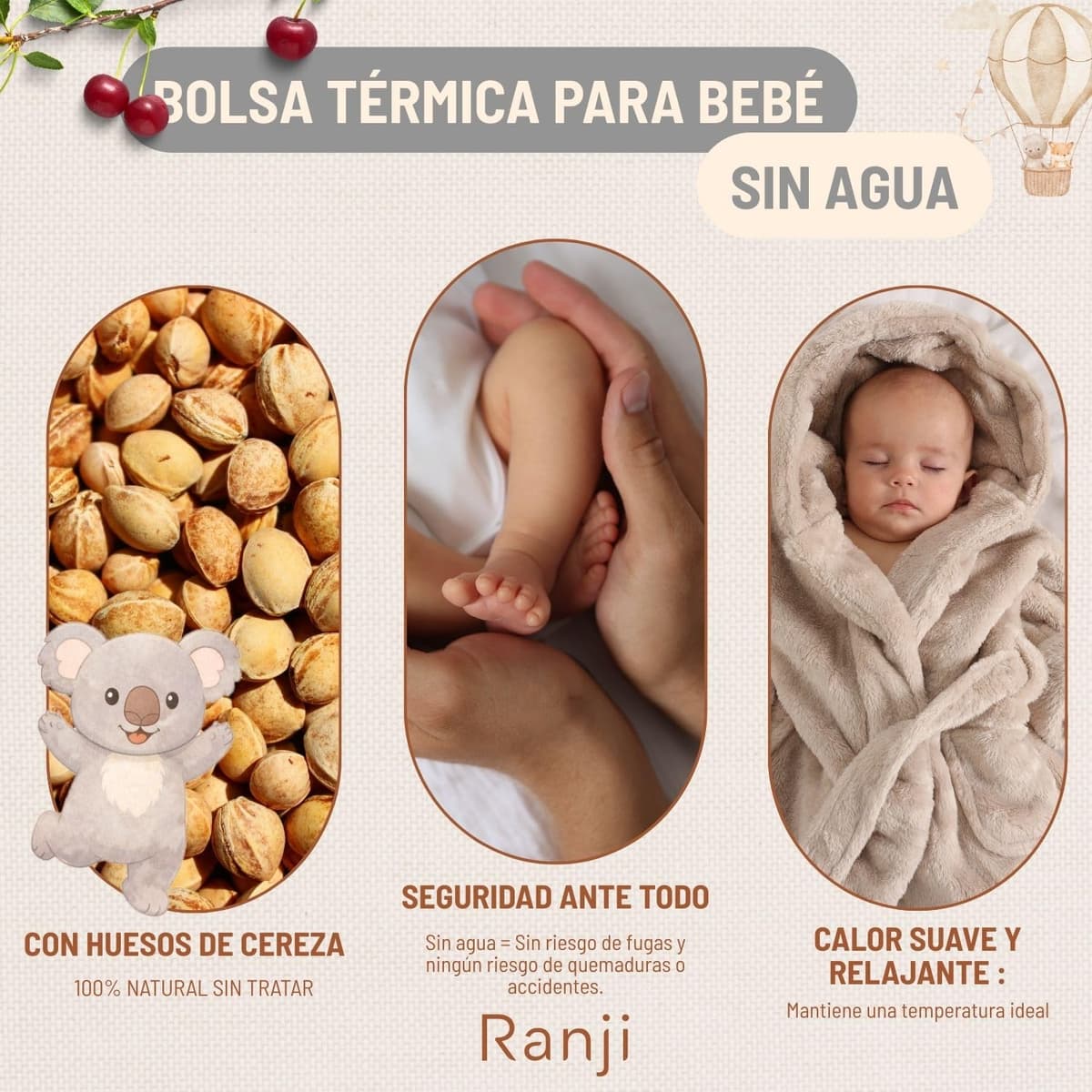 RANJI - Cinturón Anticólicos Bebé con Huesos de Cereza – Saquito de Semillas para Cólicos Bebé Recién Nacido, Algodón Orgánico GOTS & Certificación OEKO-TEX, Apto Microondas (Koala) — view 4